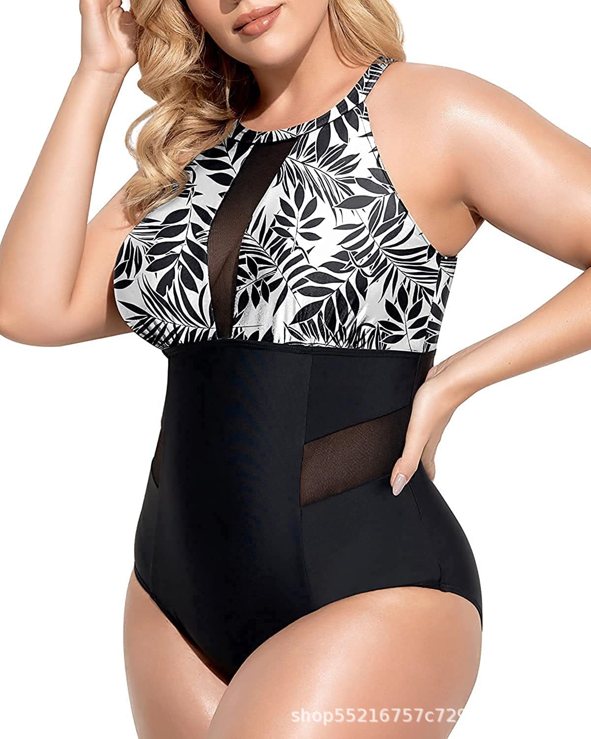 Women Plus Size One Piece Swimsuit High Neck Plunge Mesh Cut Out Bathing Suits